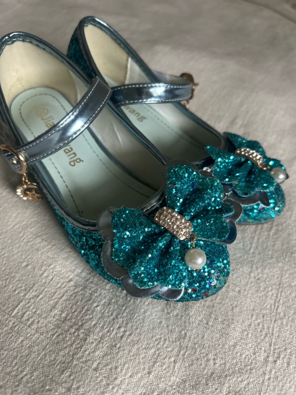 Glitter Bow Mary Jane Kids Shoes - Teal